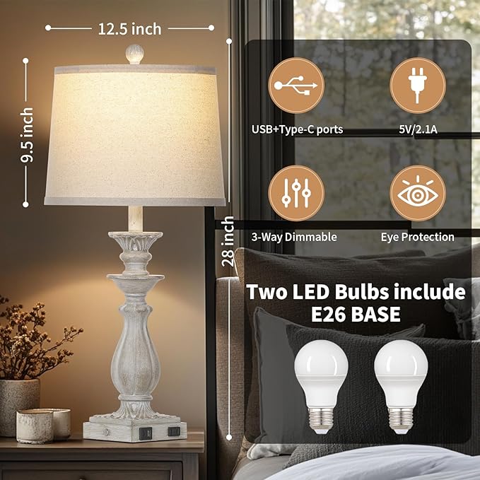 28" Farmhouse Table Lamps for Living Room Set of 2, 3-Way Dimmable Touch Bedside Lamps with USB C+A Ports & AC Outlet, Resin Vintage Tall Nightstand Lamps for Bedroom Office End Table, Grey