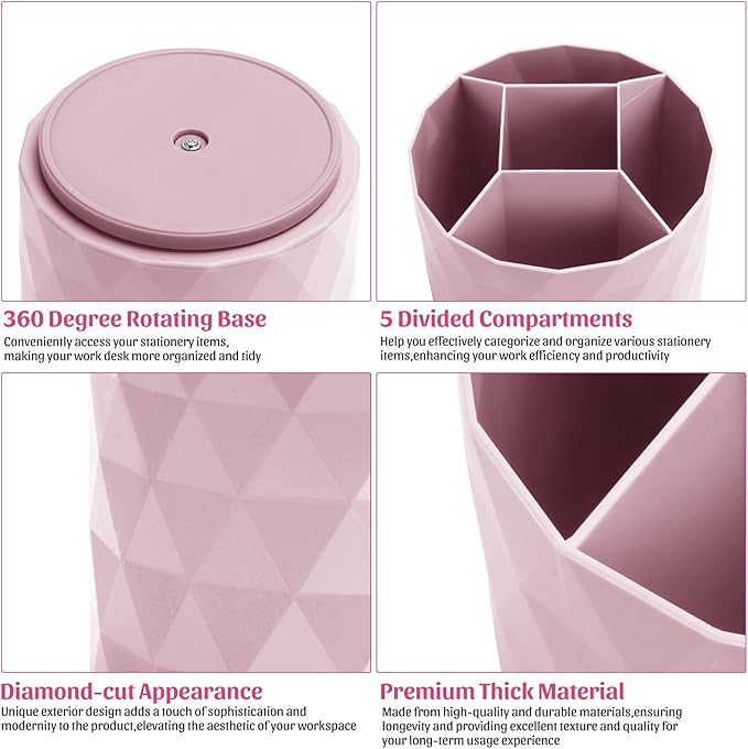 Desk Organizer,Sparkling Diamond-like Pen Holder for Desk 360°Rotating Office Accessories,Pencil Cup with 5 Compartments Storage Box Caddy for Office,School,Home,Art Supply(Pink)