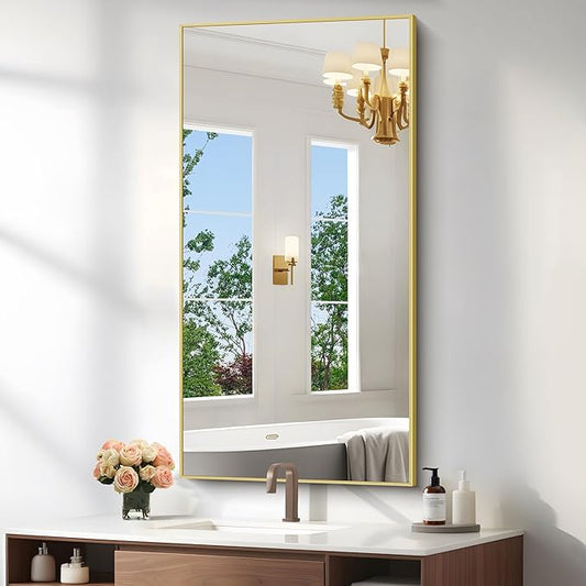 KOCUUY 24x48 Inch Large Gold Wall Mounted Mirror,Aluminum Framed Decorative Rectangular Bathroom Mirror for Wall Over Sink,Vanity Mirror for Bedroom Living Room Bathroom,Functional Oversized Mirror