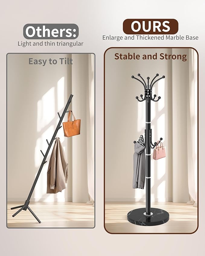 Metal Coat Rack Stand with Natural Marble Base, Modern Coat Rack Freestanding, 360°Rotary Coat Racks with 14 Hooks, Black Coat Stand Hall Tree Hanger Stand for Entryway, Office，Corner