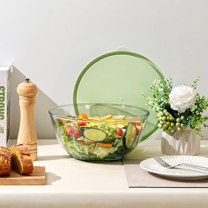 NUTRIUPS 4.7 Quart Large Glass Mixing Bowl with Lid, Deep Big Glass Bowl Large Salad Bowl (Green-A)