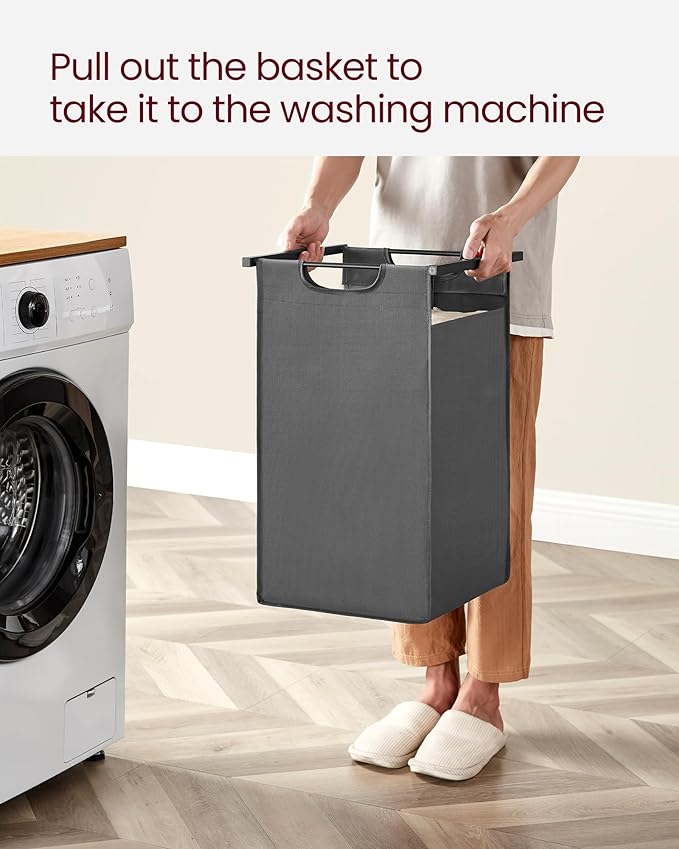 VASAGLE Laundry Hamper, Laundry Basket, Laundry Sorter with 2 Pull-Out and Removable Bags, Shelf, Metal Frame, 2 x 12.1 Gallons (46 L), 28.8 x 13 x 28.4 Inches, Slate Gray and Rustic Brown UBLH201G01