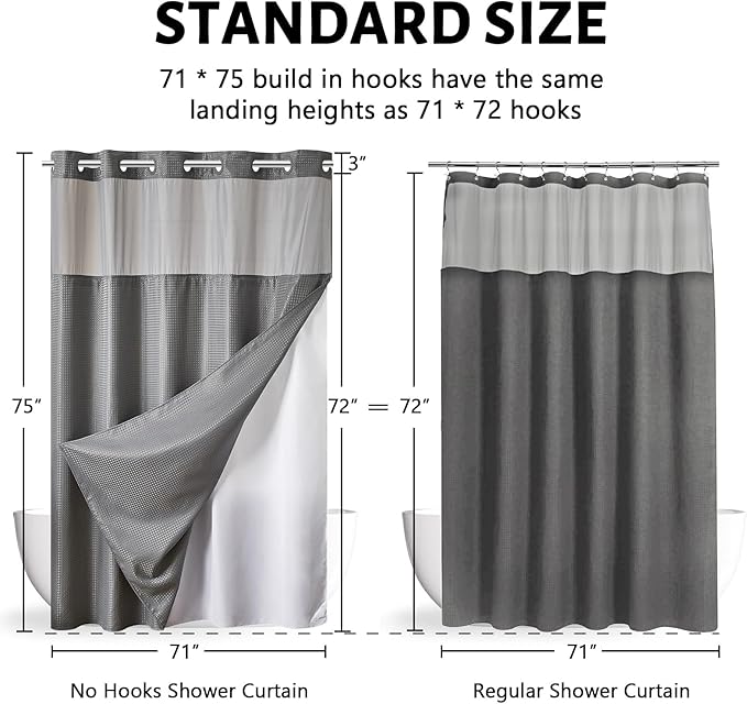 Furlinic No Hook Shower Curtain with Snap in Fabric Liner Set,Waffle Weave Heavy Duty Bathroom Curtain with See Through Window,Waterproof & Machine Washable,Hotel Style,Light Grey,71x75 Inch