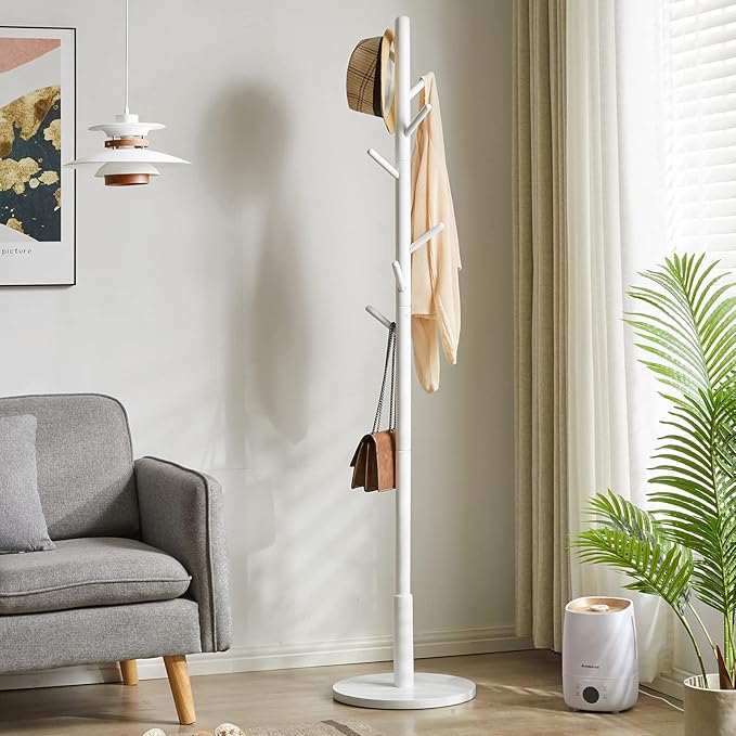 Standing Coat Rack White Coat Stand with 8 Hooks and 3 Height Options, Wood Kids Coat Tree with Sturdy Round Base, Small Hall Tree White YD-1009