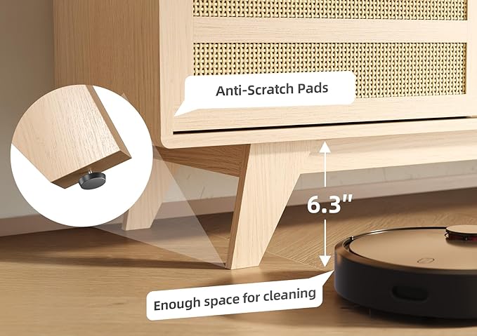 Claiks Boho TV Stand for 70 Inch TV, Modern TV Console with 2 Rattan Storage Cabinets & Adjustable Shelf, Woven TV Stand for Living Room, Oak Color