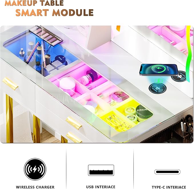 RGB Makeup Vanity Desk with Wireless Charging Station,7 Dynamic and 7 Static Dimmable Vanity Table with Visible Glass Top,Auto Sensor LED Make up Vanity with Mirror and Lights,Stool