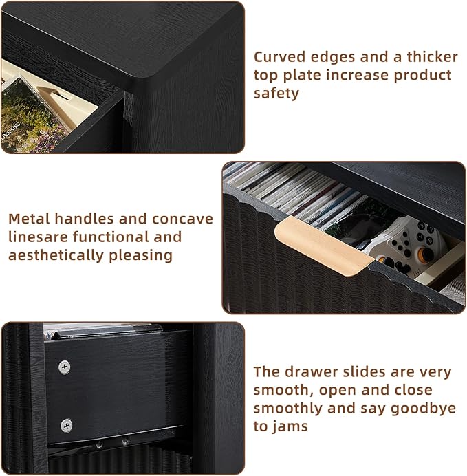 LEYAOYAO Fluted 5 Drawers Dresser for Bedroom Set of 2, 41" Tall Modern Chest of Drawers with Metal Handle, Curved Profile Design,Black Wood Drawer Organizer for Bedroom, Living Room, Hallway