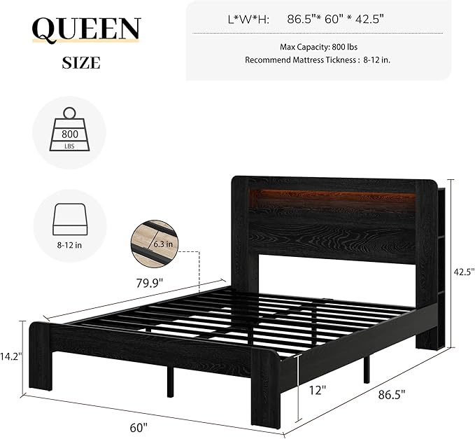 Wood Queen Size Bed Frame with Headboard, Farmhouse Platform Bed Frame with Bookcase Shelf,LED Lights,Charging Station,Heavy Duty Supports,No Box Spring Needed,Dark Black