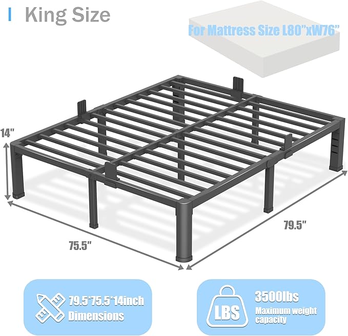 14 inch King Size Bed Frame with Round Corner Legs and Headboard Hole Mattress Slide Stopper 3500 lbs Heavy Duty Metal Platform,Steel Slat Support,No Box Spring Needed,Easy Assembly,Noise Free
