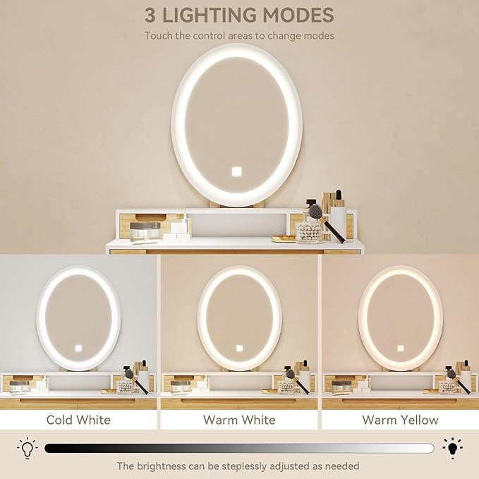YOURLITE Makeup Vanity Desk with Lights, Small Vanity with Adjustable Brightness Mirror for Small Spaces, Dressing Table with Drawers (31.5", Oval Mirror Wood)