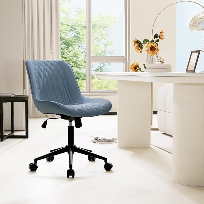 YOUNIKE Blue Ergonomic Home Office Desk Chair No Arms Comfy Small Criss Cross Chair with Wheels Swivel Adjustable Modern Vanity Chair with Back Armless Cute Leather Upholstered Rolling Task Chair