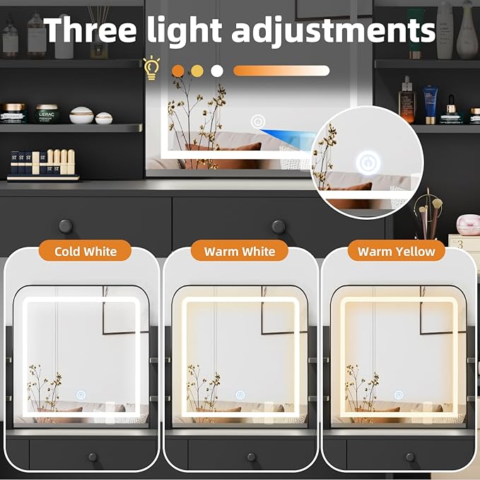 Black Makeup Vanity Desk with Square LED Mirror & 6 Open Shelves - 3-Color Adjustable Lighting, 3 Drawers + Right-Side Sloped Design, Dressing Table for Bedroom, Women, Teens