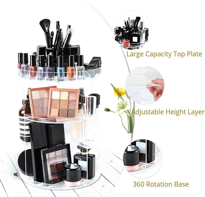 SUNFICON Rotating Makeup Organizer 360 Rotation Cosmetic Storage Holder Crystal Clear Acrylic Makeup Turntable Spin Display Stand Bathroom Bedroom Countertop Vanity Dressing Table Gift Girl Lady Women
