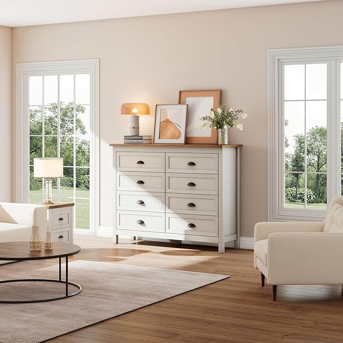8 Drawer Dresser, Farmhouse Tall Dresser for Bedroom, Antique White Chest of Drawers, Modern Double Dressers for Bedroom, Closet