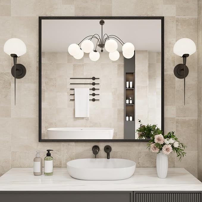 Bathroom Vanity Mirror 36x36 Inch, Matte Black Rectangle Bathroom Mirror, Anti-Rust, 4MM Tempered Glass, Wall-Mounted Mirror, Hangs Horizontally or Vertically for Bathroom & Bedroom