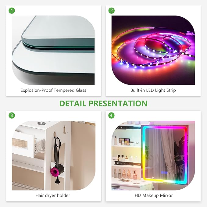 HNEBC Vanity Desk with Sliding Mirror and LED Lights, RGB Vanitys with Charging Station, Makeup Vanitys with Remote Control, White Dresser with Stool/Lager Drawers for Bedroom (White)