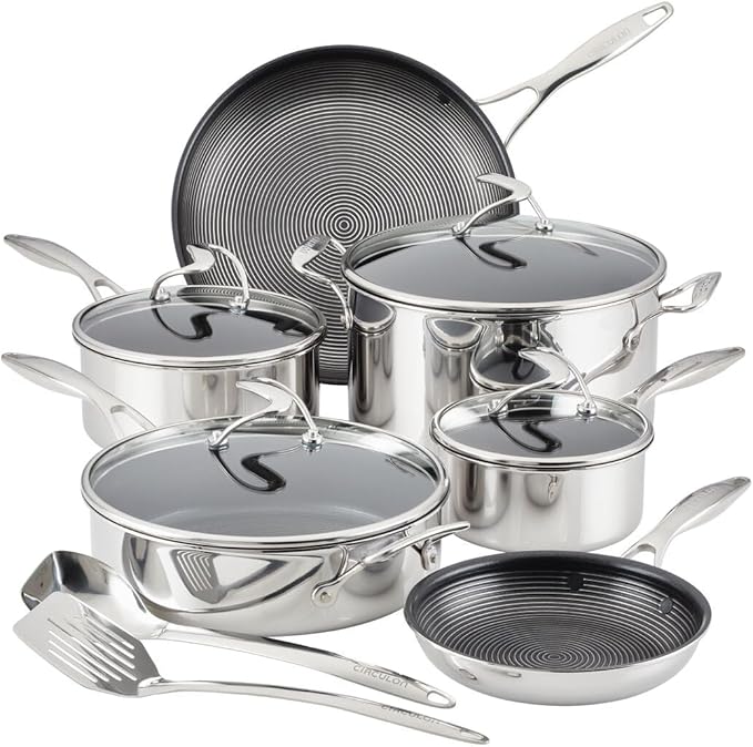 Circulon Clad Stainless Steel Cookware Pots and Pans and Utensil Set with Hybrid SteelShield and Nonstick Technology, 12 Piece - Silver