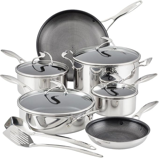 Circulon Clad Stainless Steel Cookware Pots and Pans and Utensil Set with Hybrid SteelShield and Nonstick Technology, 12 Piece - Silver