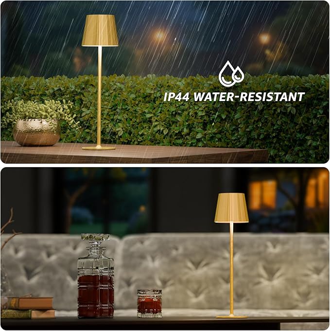 uuffoo 2 Pack Rechargeable Table Lamp Battery Operated Cordless Table Lamps with 3 Colors Stepless Dimming, Desk Night Light for Restaurant, Patio, Bedroom, Bar (Electroplated Gold)