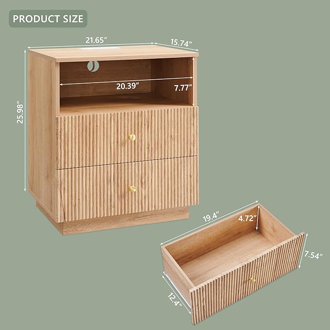 Fluted Night Stand with Charging Station, 21.65" Nightstand with Drawer/Open Shelves, 2 Drawer Dresser for Bedroom, Morden End Table Bedside Table for Bedroom, Living Room, Natural