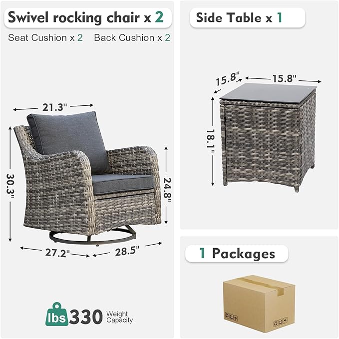 3 Pieces Patio Furniture Set, Outdoor Swivel Rocker with Washable Cushions & Tempered Glass Tabletop, Outdoor Rattan Conversation Set for Lawn Backyard Porch (Grey)