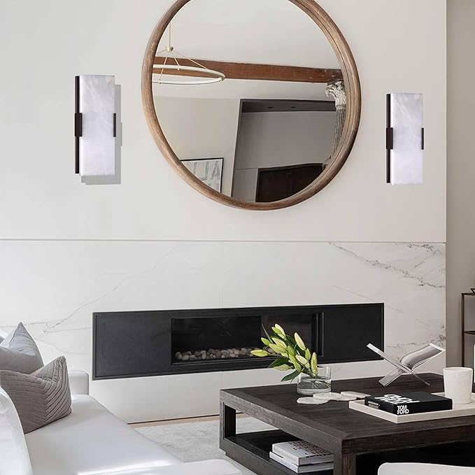 2 Light Natural Square Alabaster Marble Bathroom 15 Inch Wall Sconce Modern Concise Style Wall Light Fixtures,Oil Rubbed Bronze Finish for Bedroom Hallway Bedside Living Room