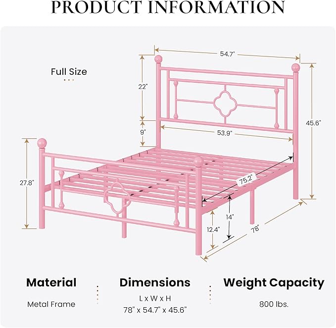 SHA CERLIN 14 Inches Full Size Metal Platform Bed Frame/Vintage Iron-Art Headboard and Footboard/Mattress Foundation for Storage/No Box Spring Needed/Noise-Free/Easy Assembly/Pink