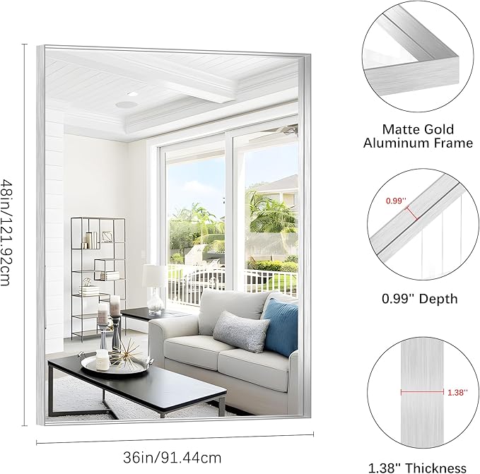 Silver Bathroom Mirror, 36x48 Inch Rectangular Deep Frame Mirror, Large Wall Mounted Bathroom Vanity Mirror Over Sink for Bedroom,Restroom, Living Room, Hangs Vertically or Horizontally