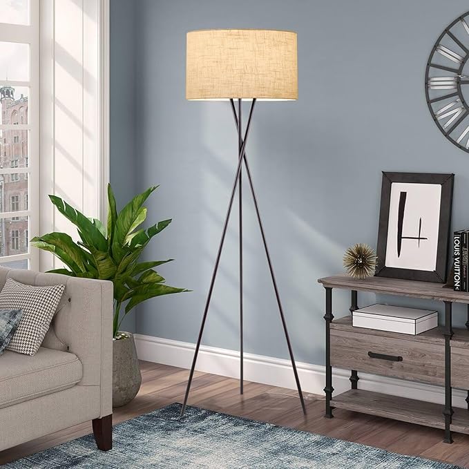 Kira Home Sadie 60" Modern Tripod LED Floor Lamp + 9W Bulb (Energy Efficient/Eco-Friendly), Honey Beige Drum Shade, Oil Rubbed Bronze Finish