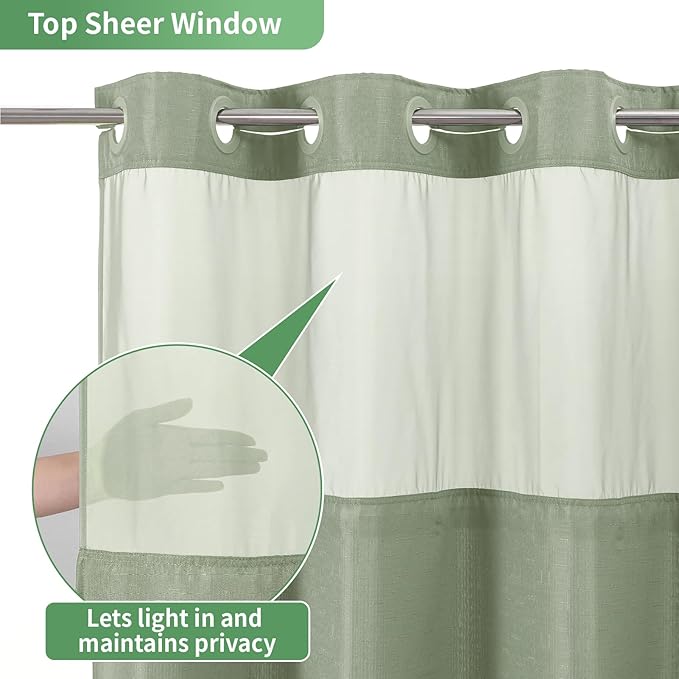 Sage Green No Hook Shower Curtain with Snap-in Fabric Liner Set,Slub Textured Fabric Shower Curtains for Bathroom,Hotel Style Modern Shower Curtain,Water Repellent & Washable,71x74(72)