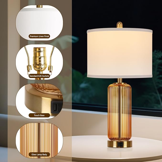 Table Lamps Set of 2 with Touch Control, 3-Way Dimmable Nightstand Lamp with Vertical Grained Glass, Bedside Table Lamps, 27" Modern Glass Bedside Lamps with USB A+C Ports, Brown Desk Lamp for Bedroom