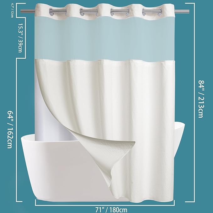 Extra Long No Hook Waffle Weave Shower Curtain with Snap in Liner Set, Hotel Luxury Beige Shower Curtains for Bathroom with See Through Top Window, Waterproof, Washable 71W x 84H