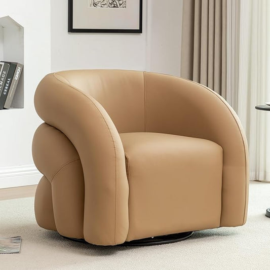 34.6" W Swivel Accent Chair, Modern Round Faux Leather Armchair for Living Room,Upholstered Comfy Sofa Chairs for Bedroom Reading Apartment Lounge,Fully Assembled(Mustard)