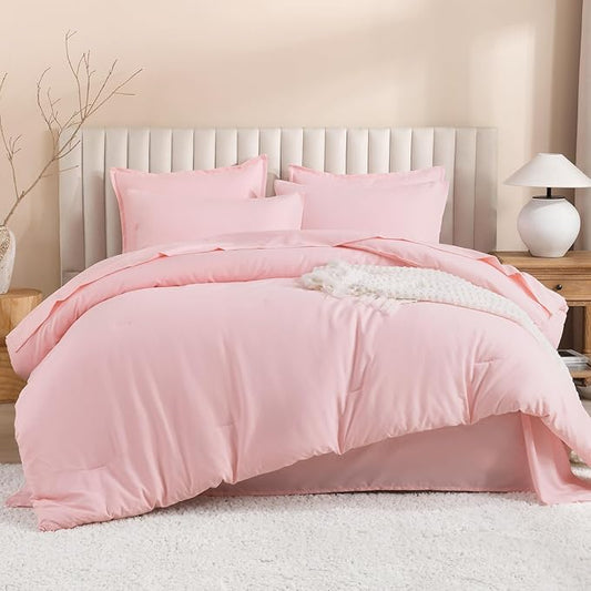 Litanika King Size Comforter Set Pink - 7 Pieces Bed in a Bag King Bedding Comforter Sets, Solid Lightweight Bed Set with Comforter, Sheets, Pillowcases & Shams