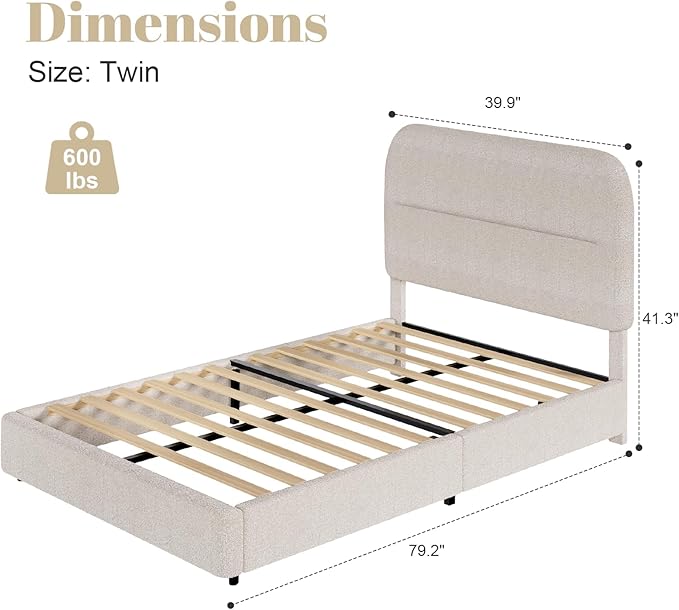 Twin Size Boucle Bed Frame, Upholstered Bed Frame with Headboard, Twin Bed Frames for Kids, Thickened Footboard/Rounded Corners/Adjustable Headboard/No Box Spring Needed/Easy Assembly, Beige