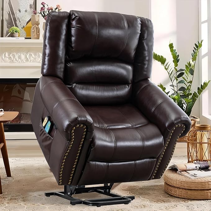 MEETWARM Large Power Lift Electric Recliner Chair with Massage and Heat, Overstuffed Wide Recliner for Elderly, Heavy Duty sofa for Living Room with 2 Remote Control/USB Ports/Side Pockets(Dark Brown)