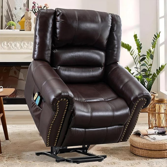 MEETWARM Large Power Lift Electric Recliner Chair with Massage and Heat, Overstuffed Wide Recliner for Elderly, Heavy Duty sofa for Living Room with 2 Remote Control/USB Ports/Side Pockets(Dark Brown)