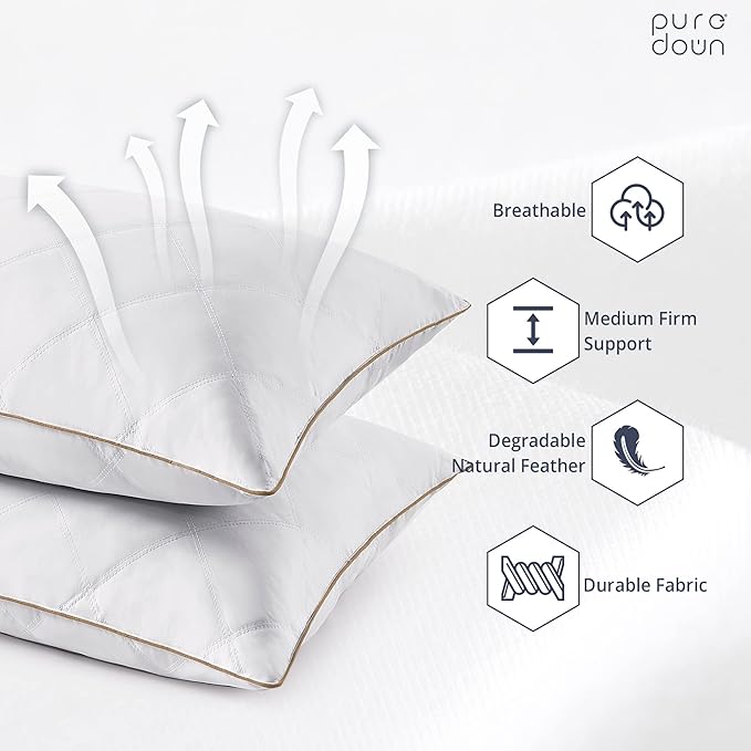 puredown® Goose Feathers and Down Pillow with Diamond Quilting with 100% Cotton Cover, Pack of 2, Queen Size