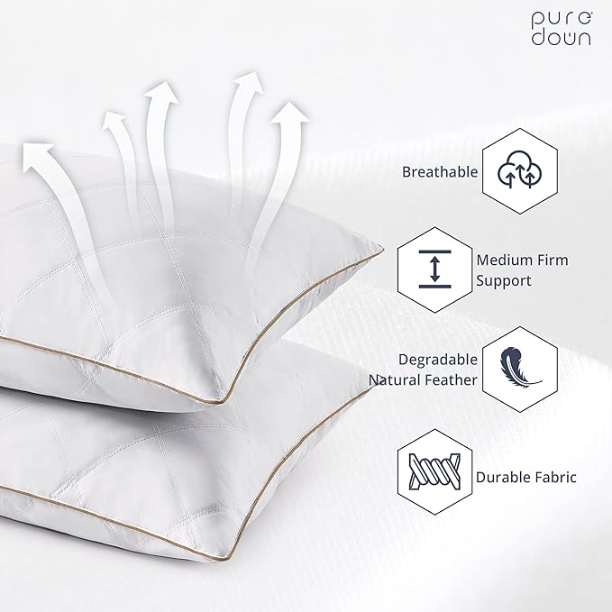 puredown® Goose Feathers and Down Pillow with Diamond Quilting with 100% Cotton Cover, Pack of 2, Standard Size