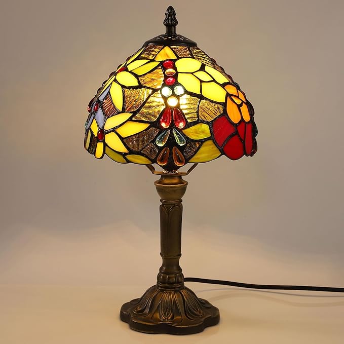 Tiffany Small Table Lamp for Bedroom Set of 2 Bedside Nightstand Lamp Rose Flower Grape Stained Glass Table Lamps for Living Room 3 Light Colors Tempertures Home Office Desk Lamps