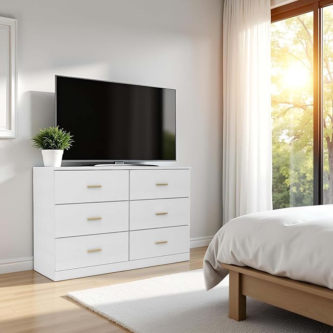 6 Drawer Dresser, Wide Chest of Drawers Organizer Storage with Drawers, Large White Storage Tower Unit, Modern Minimalist Closet Store Organizer for Bedroom or Living Room, Anti-Tipping Device (White)