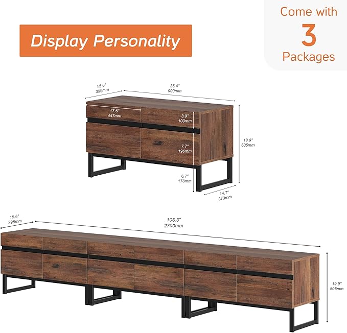 Wampat 3 in 1 Modern TV Stand for Up to 110 inch TVs, Wood Entertainment Center with Storage Cabinets and Metal Base, Living Room Media Console, Brown