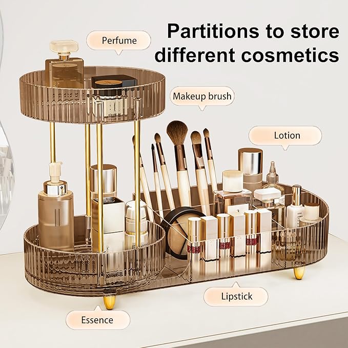 DASITON 360° Rotating Makeup Organizer for Vanity, 2 Tier Perfume Cosmetic Skincare Organizers with Makeup Brush Holder, Large Capacity Cosmetic Display Case for Bedroom Bathroom Countertop (Coffee)