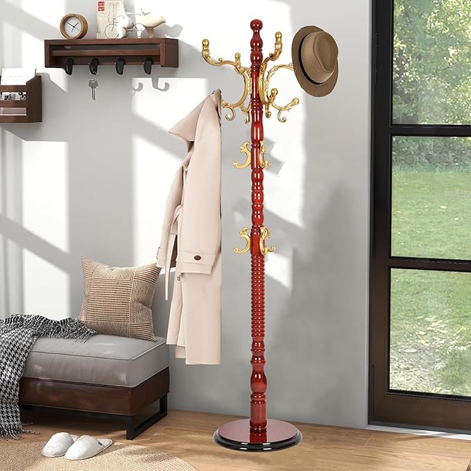 Coat Racks Freestanding, Natural Wood Coat Stands with 14 Hooks, 73" Heavy Duty Adjustable Height Vintage Hall Tree for Entryway, Bedroom, Office, Easy Assembly (Begonia)