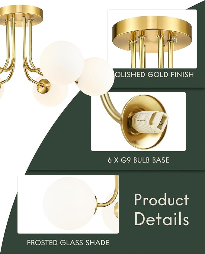 Gold Flush Mount Ceiling Light in Modern Farmhouse Design Features 6 Frosted Glass Shades, Perfect for The Living Room, Bedroom, Or Dining Room. Model:CKCL4845-6W-PG