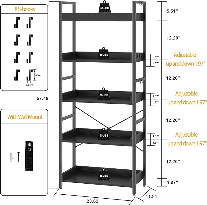HCHQHS 5 Tier Bookshelf, Adjustable Industrial Bookcase, Vertical Tall Book Shelf, Wood and Black Metal Open Bookshelves for Home Office, Living Room, Bedroom