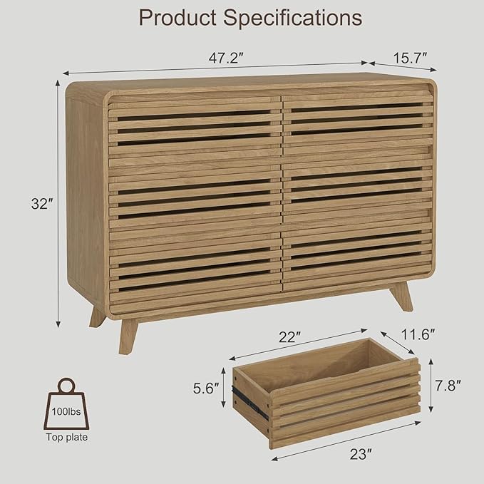 Fluted Dresser for Bedroom, Wide 6 Drawers Dresser, Chests of Drawers with Grille & Curved Design, Dressers Slides Pre-Installed, Large Wood Drawer Organizer for Bedroom Hallway, Natural Oak