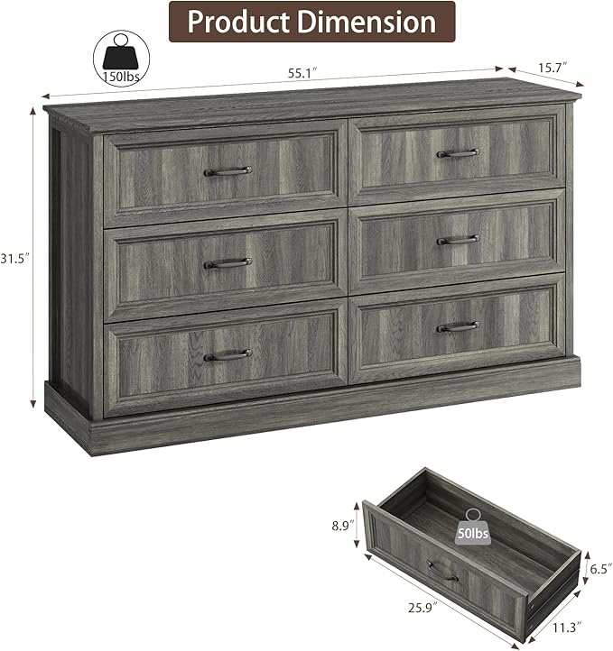 Farmhouse 6 Drawer Dresser for Bedroom, 55 Inch Wide Modern Grey Dresser TV Stand with Large Drawers & Bar Handles, Rustic Wood Chest of Drawers for Bedroom, Living Room, Hallway, Entryway.
