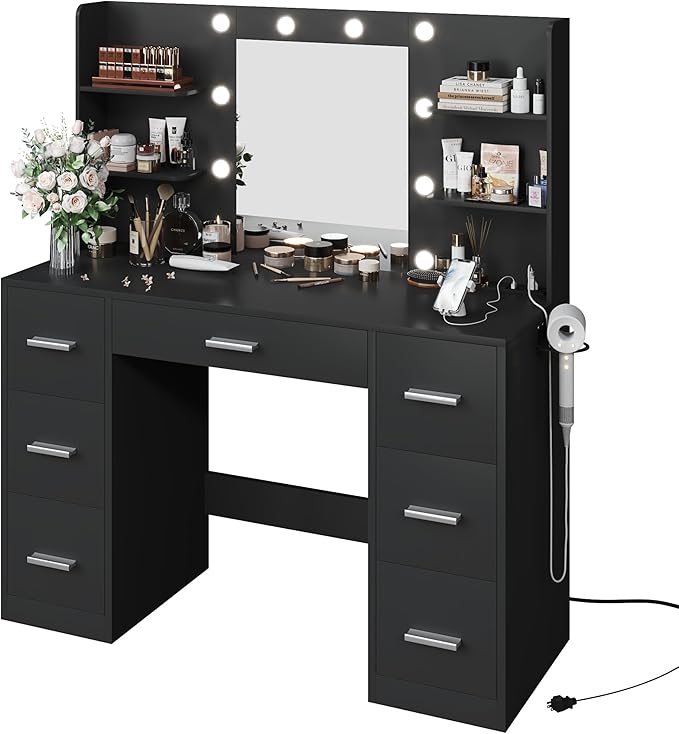 YESHOMY Vanity Desk with Mirror, Power Outlet and 10 Lights, Makeup Table with 7 Drawers, 3 Color Modes Available for Bedroom, Pure Black