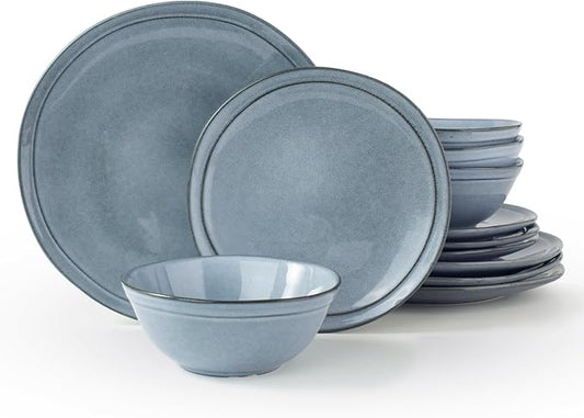 Famiware Aegean Stoneware Dinnerware Set for 4, Plates and Bowls Sets, 12-Piece Scratch-Resistant Dinner Plate Set, Handmade Irregular Round Dishes - Microwave and Dishwasher Safe, Blue Grey